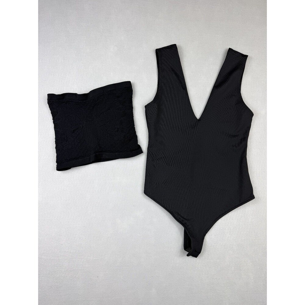 Free People Intimately 2 Piece Bundle XS Black Bodysuit & Bandeau Bra Set